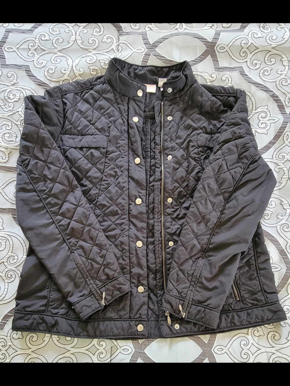 Chico's Black Quilted Jacket with Diamond Stitching
